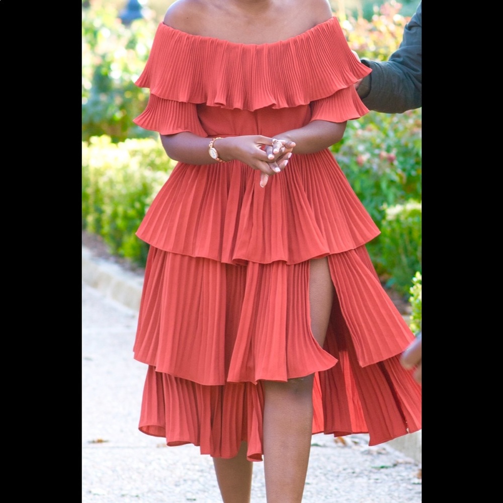 #burntorange #pleated #ruffle #mididress #offshoulder